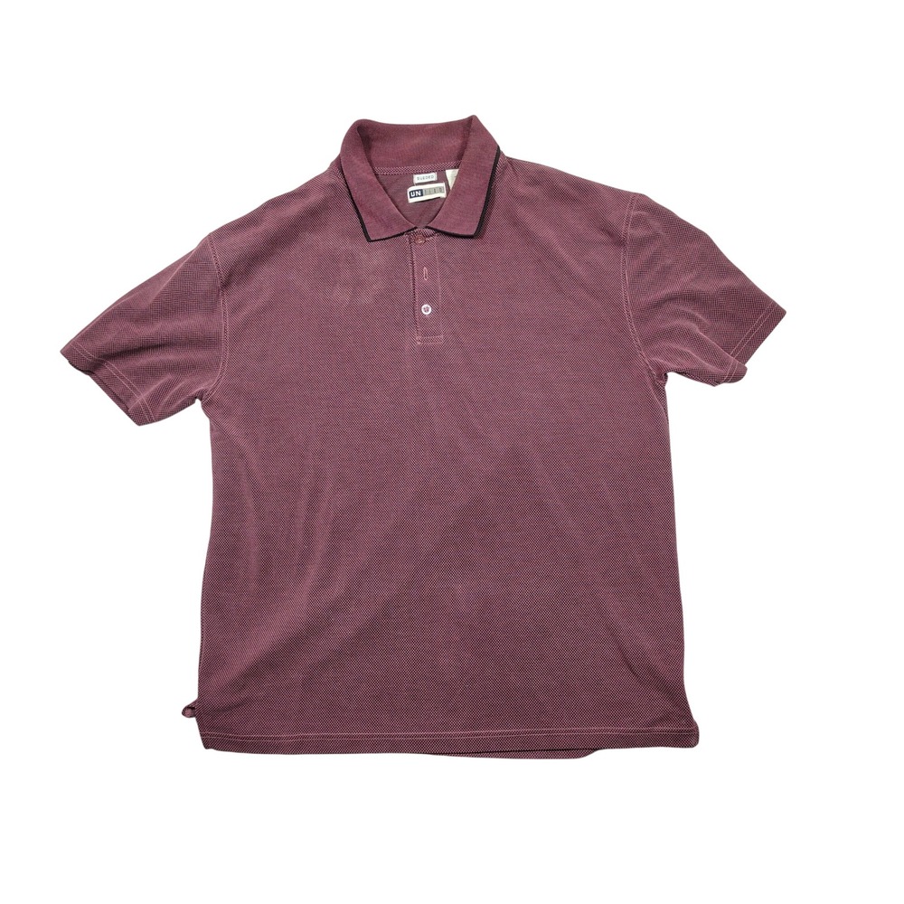 Untied Polo Shirt Men Large Burgundy Micro-Check Sueded Rayon Blend Short Sleeve